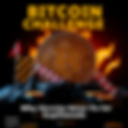 A graphic representation of Bitcoin with various obstacles symbolizing unresolved issues, set against a dark background.