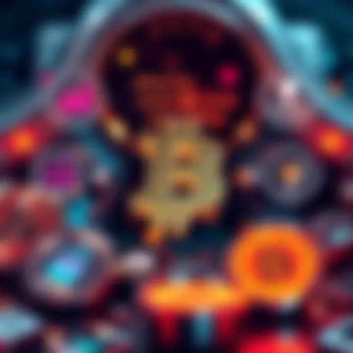 A graphic showing the Bitcoin symbol surrounded by icons representing market volatility, community engagement, scalability, security, and regulatory risks.