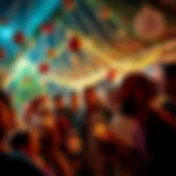 A joyful gathering of Bitcoin enthusiasts celebrating Christmas with decorations and festive cheer.