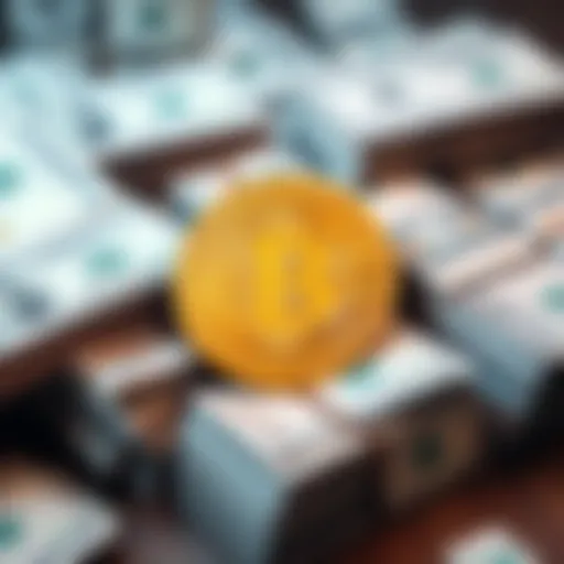 A Bitcoin coin surrounded by stacks of dollar bills, symbolizing the relationship between money printing and Bitcoin investment opportunities.