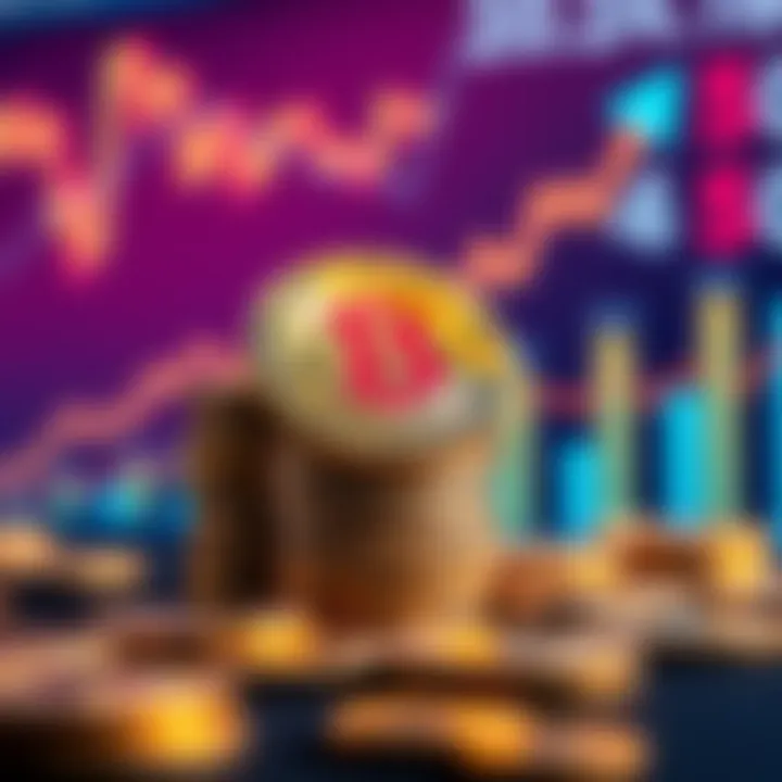 A close-up of Bitcoin coins stacked with a rising graph in the background, symbolizing growth despite recent price drops.