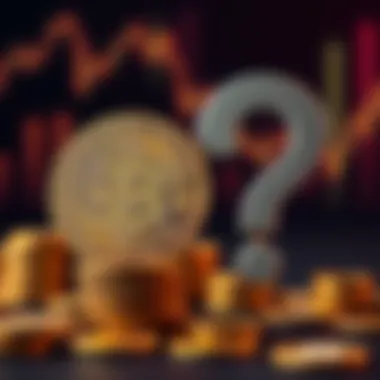 A stack of Bitcoin coins next to a large question mark, symbolizing the uncertainty of Satoshi Nakamoto's decision to hold or sell.