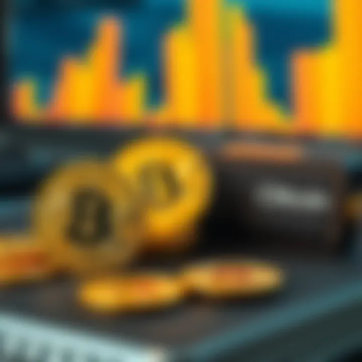 A collection of Bitcoin coins next to a digital wallet on a desk, representing the choice between spending and holding Bitcoin.