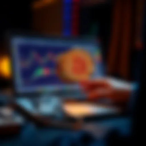 A person transferring Bitcoin to a cold wallet on a laptop, showing graphs and wallet info on the screen