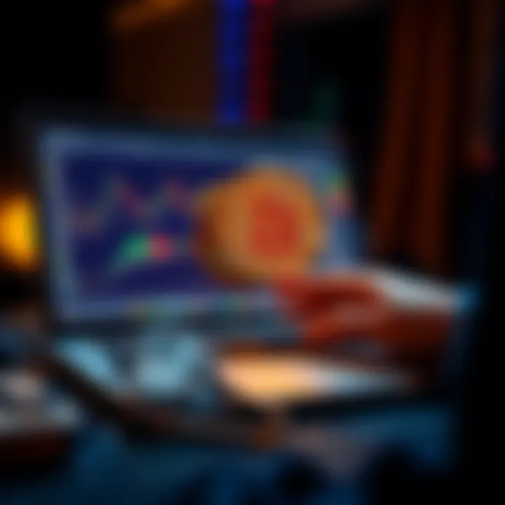 A person transferring Bitcoin to a cold wallet on a laptop, showing graphs and wallet info on the screen