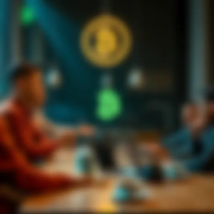 Bitcoin Community Discussion A group of people engaging in a discussion about Bitcoin, with laptops and coffee on a table, creating a collaborative atmosphere.