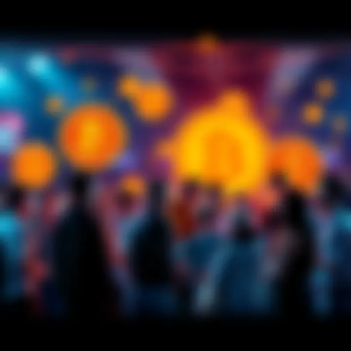 A group of people discussing cryptocurrency and networking at a social event, with Bitcoin symbols in the background.