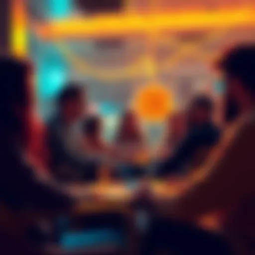 A group of people discussing Bitcoin in a casual setting, sharing ideas and experiences about cryptocurrency.