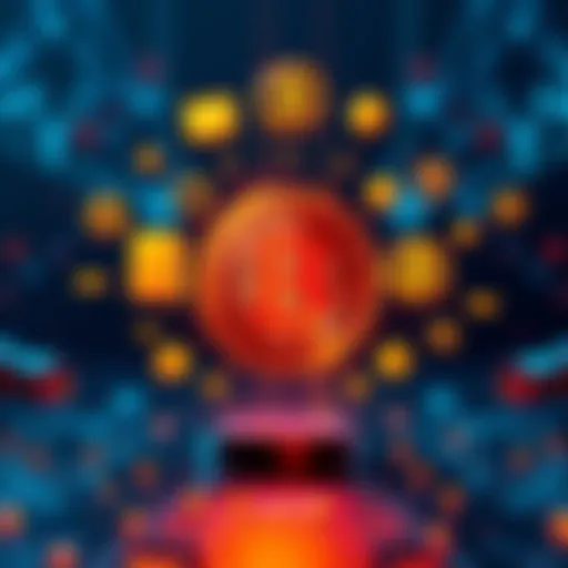 An illustration showing a digital Bitcoin symbol surrounded by icons representing wallets, mining, and blockchain technology.