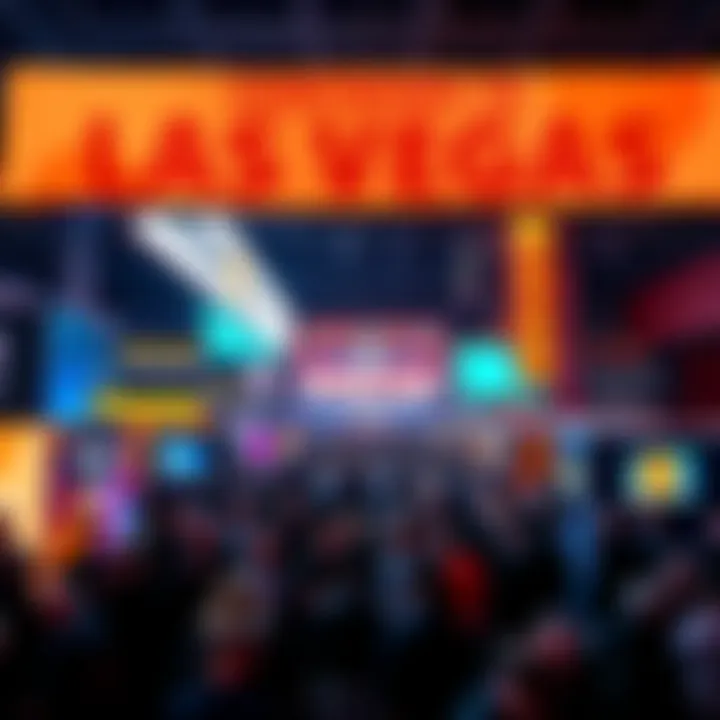 Bitcoin Conference Las Vegas Crowd of people at Bitcoin conference in Las Vegas with banners and displays