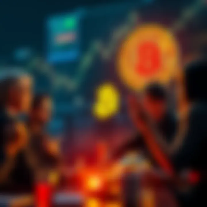 A group of people discussing theories about Bitcoin's origins with charts and graphs in the background