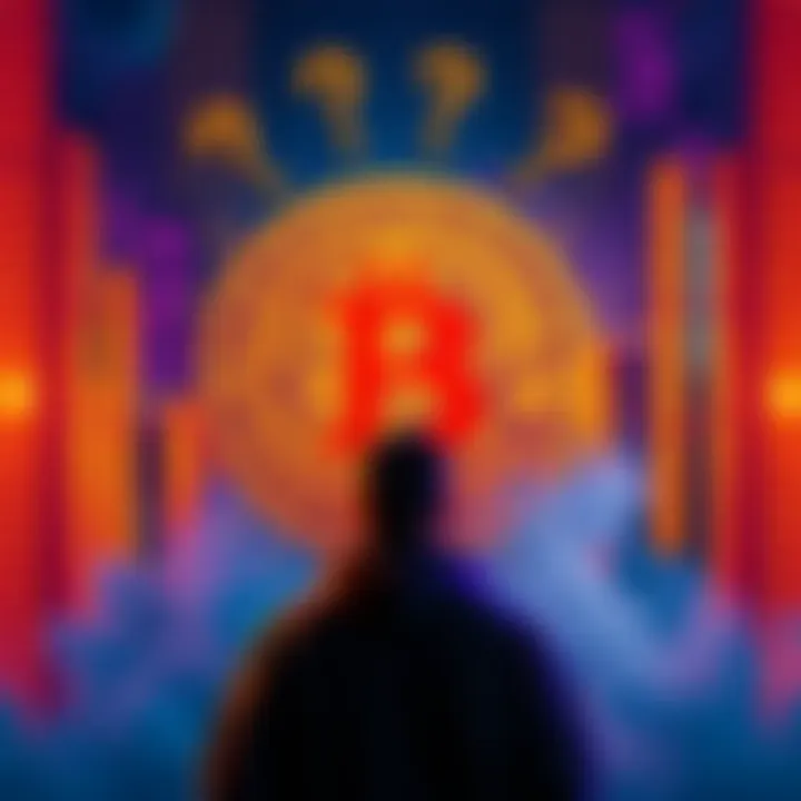 A person stands in front of a digital Bitcoin symbol, with question marks around their head, symbolizing uncertainty about Bitcoin's creator.