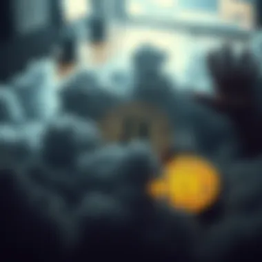 A visual representation showing Bitcoin coins surrounded by dark clouds symbolizing uncertainty and doubt, with images of corruption in the background.