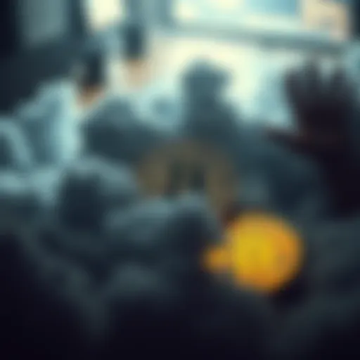 A visual representation showing Bitcoin coins surrounded by dark clouds symbolizing uncertainty and doubt, with images of corruption in the background.