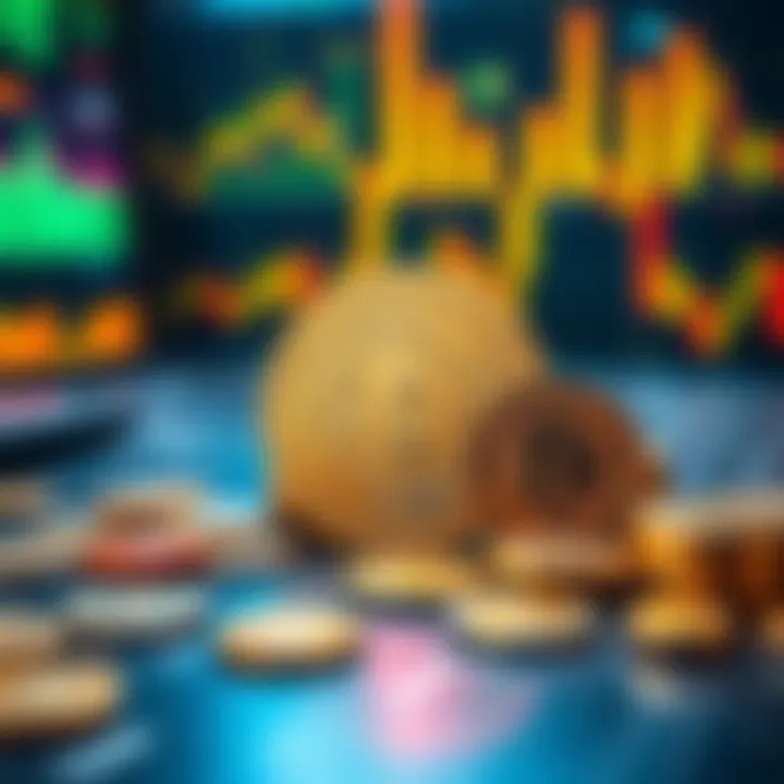 A visual representation of Bitcoin and various cryptocurrencies with coins and digital symbols on a table