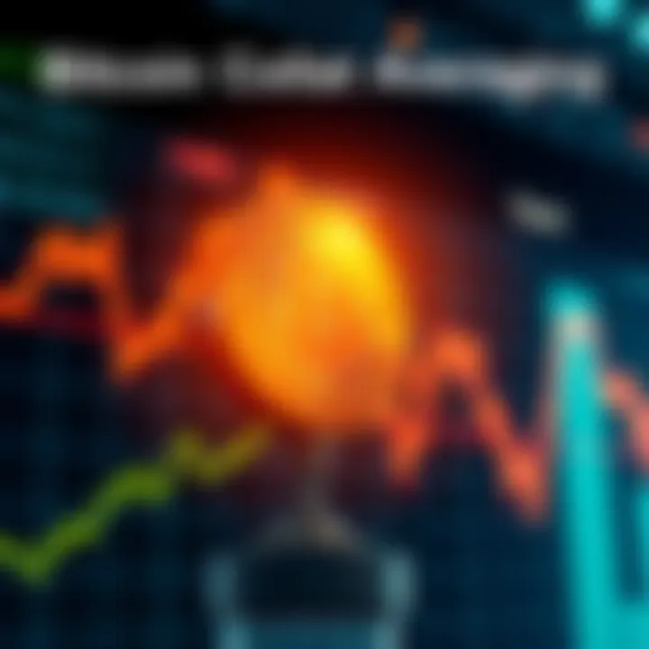 Bitcoin Dollar Cost Averaging Graphic showing Bitcoin price trends with Dollar Cost Averaging strategy highlighted, depicting buying points on a fluctuating price chart.