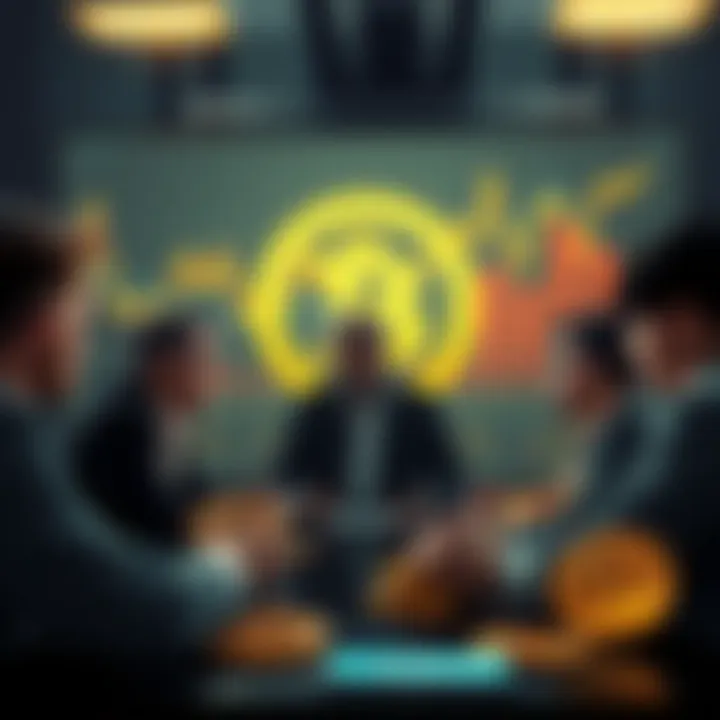 Bitcoin Debate A group of people discussing Bitcoin with charts and graphs in the background.