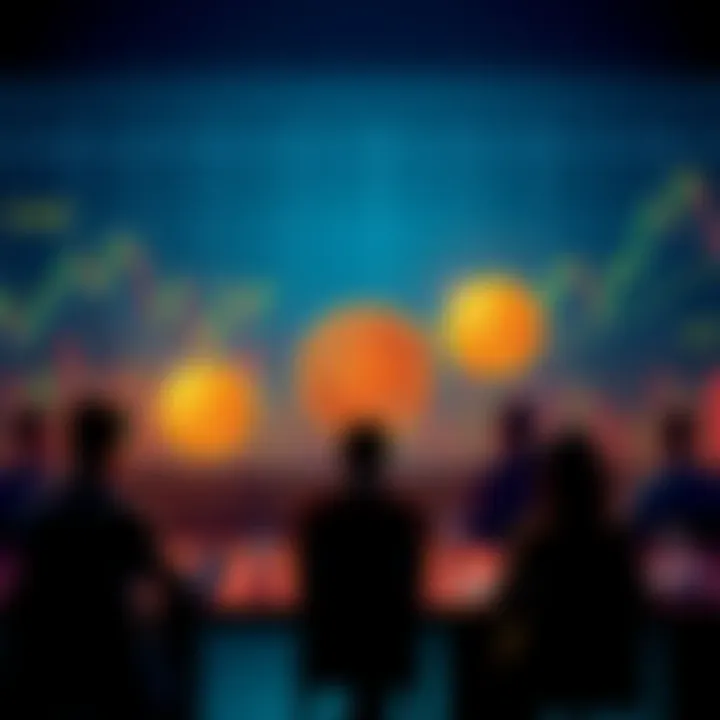 A group of people discussing Bitcoin's value with charts and graphs in the background.