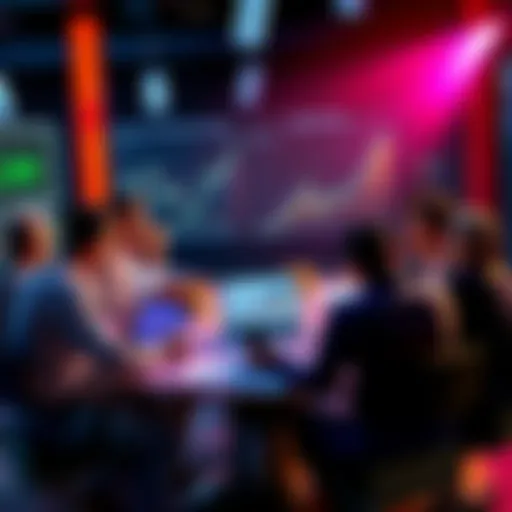 A group of people discussing Bitcoin expansion at a round table with charts and graphs on a laptop