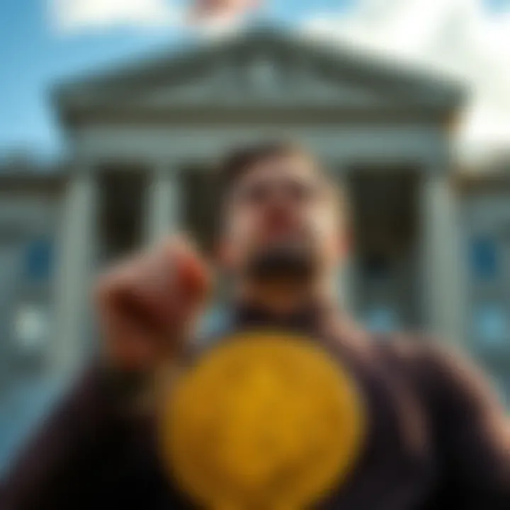 A Bitcoin Core developer speaking in front of a government building, advocating for stricter regulations regarding cryptocurrencies.