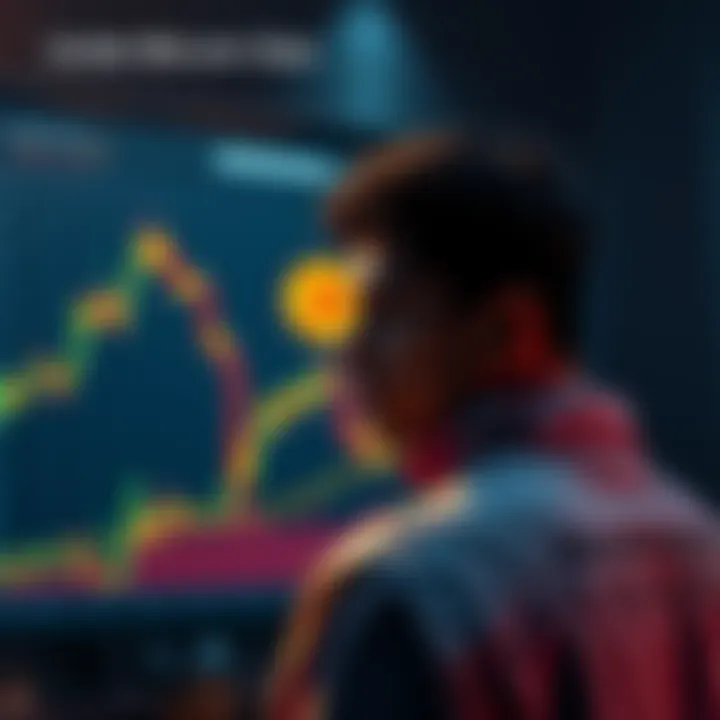 Graph showing Bitcoin price dips and a person considering investment with Dollar Cost Averaging strategy
