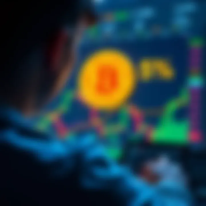 A person looking at a chart showing a drop in Bitcoin prices, considering buying during a market dip.