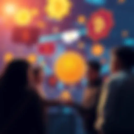 People engaging in a lively Bitcoin discussion with speech bubbles and digital currency symbols