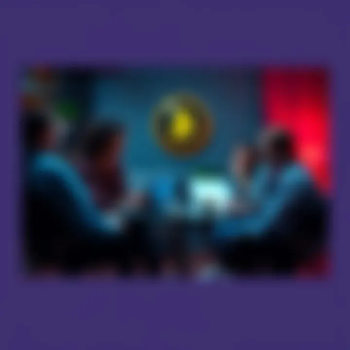 A group of people engaging in a discussion about Bitcoin in a cozy setting, with laptops and coffee cups present.