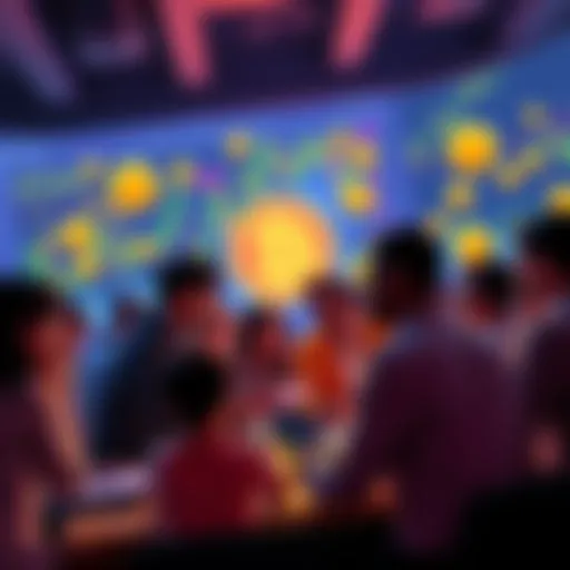 People engaging in a lively discussion about Bitcoin with charts and emojis in the background.