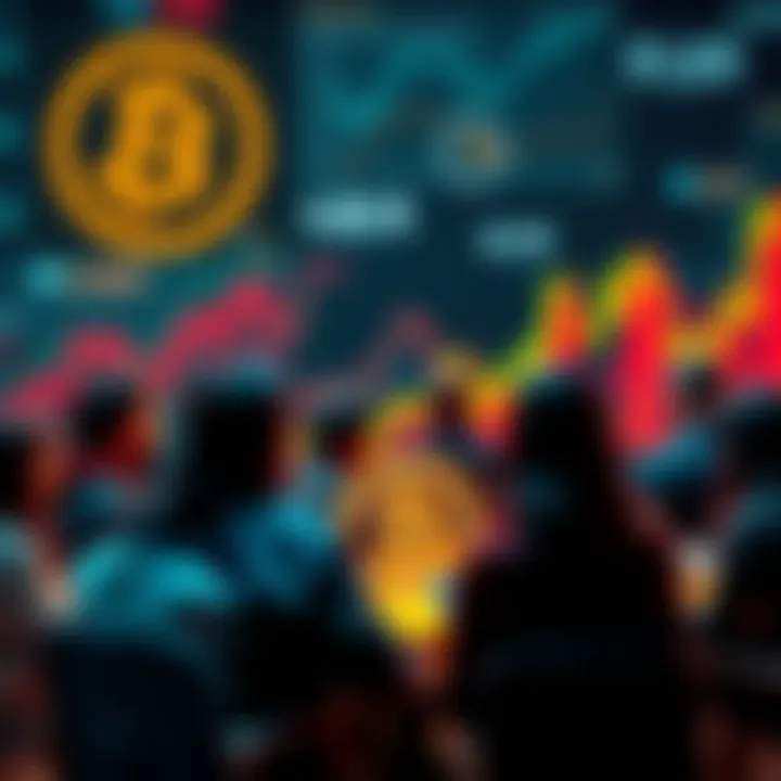 Bitcoin Discussion People engaging in a Bitcoin discussion with charts and graphs in the background.