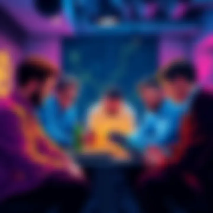 A group of people engaged in discussing Bitcoin with laptops and smartphones