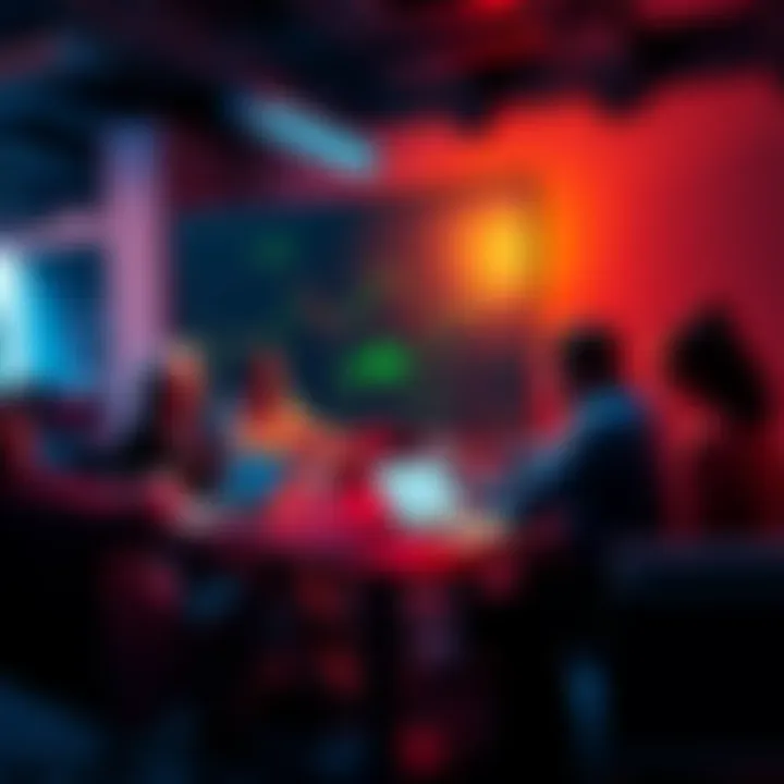 A group of people discussing Bitcoin with charts and laptops in a vibrant setting