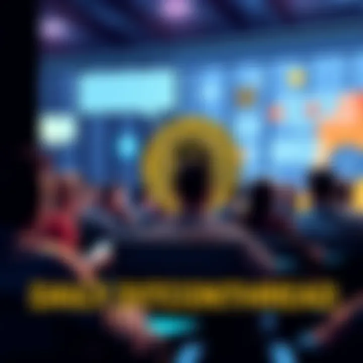 People discussing Bitcoin in a forum setting with chat bubbles and digital icons