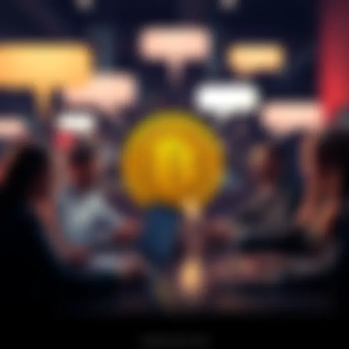 People engaging in a conversation about Bitcoin with laptops and speech bubbles around them