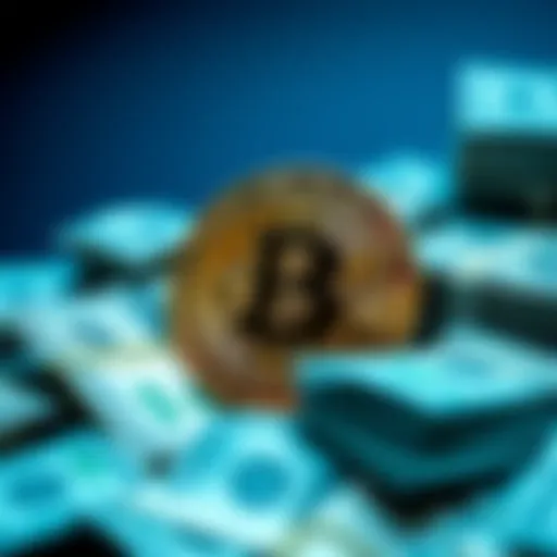 A Bitcoin coin surrounded by stacks of dollar bills representing investment needs