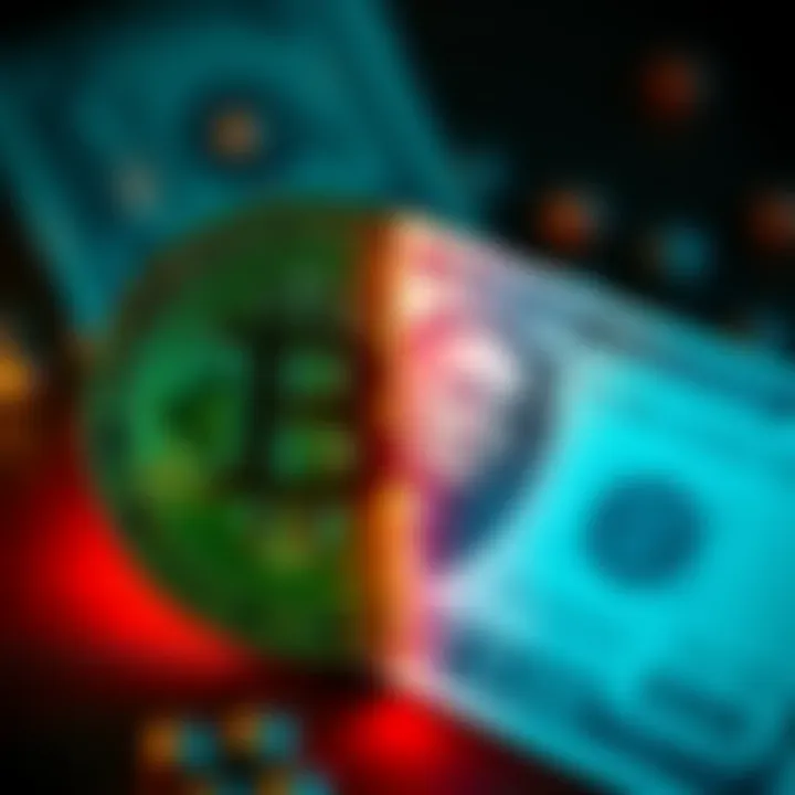 A split image showing a Bitcoin symbol on one side and a dollar bill on the other, representing the relationship between cryptocurrency and fiat currency.