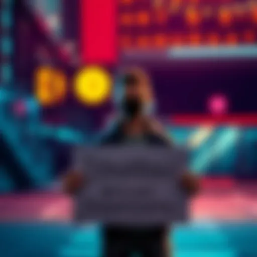 A person holding a sign asking for Bitcoin donations for various projects like study and art.