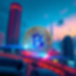 A graphic showing Bitcoin symbol with Dubai's skyline in the background, representing the contrast between digital currency and traditional finance.