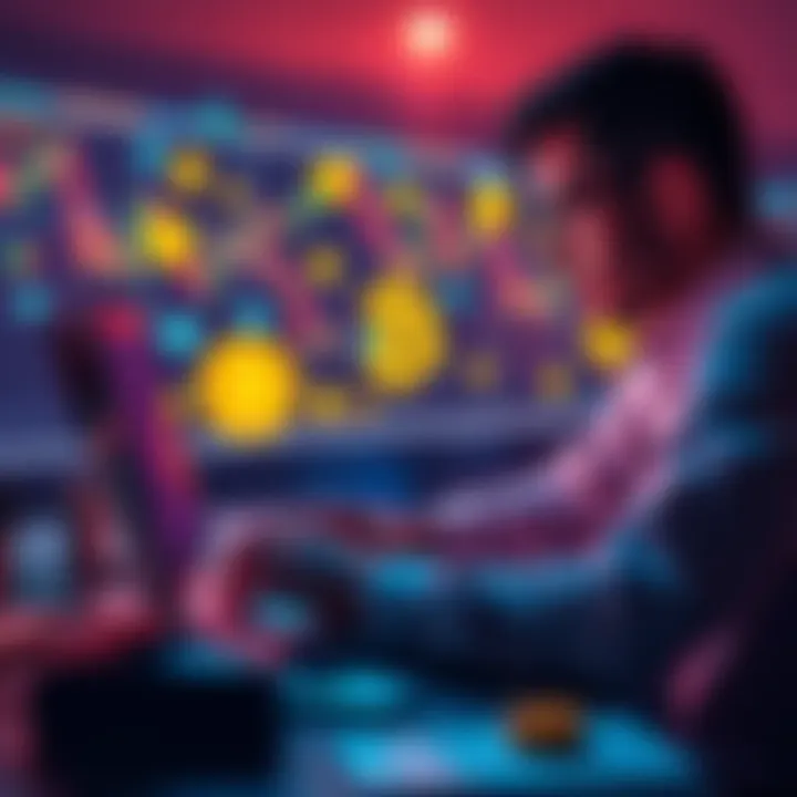 A person using a laptop to earn Bitcoin, surrounded by currency symbols and financial graphs