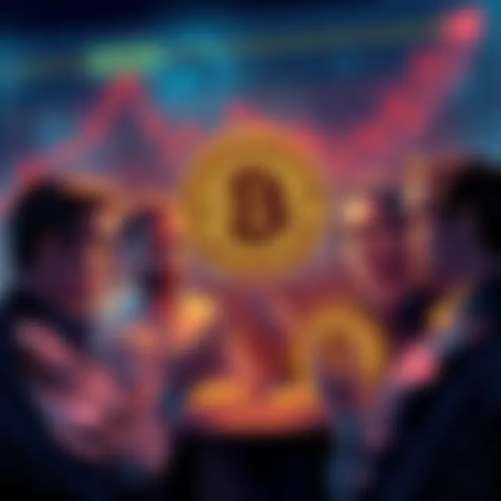 A group of people discussing Bitcoin with charts and graphs in the background, showing a mix of optimism and concern.