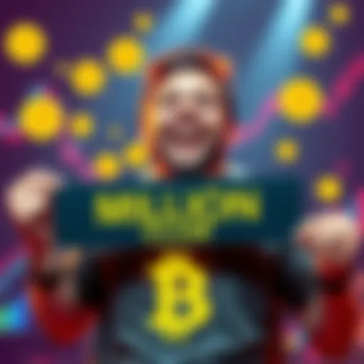 A happy Bitcoin enthusiast holding a sign that says 'Million Club' and showing 21 BTC coins, surrounded by graphs and symbols of market growth, highlighting excitement and investment success.
