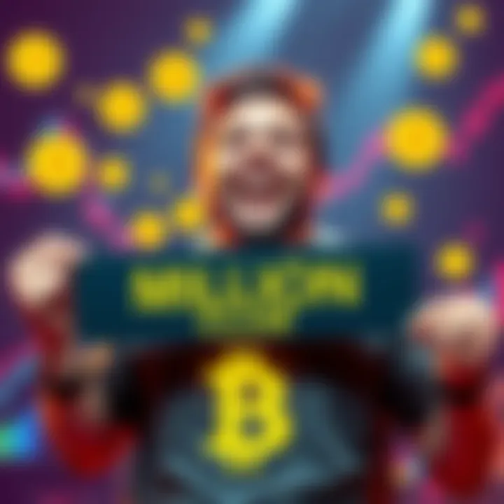 Bitcoin Enthusiast Celebrating A happy Bitcoin enthusiast holding a sign that says 'Million Club' and showing 21 BTC coins, surrounded by graphs and symbols of market growth, highlighting excitement and investment success.