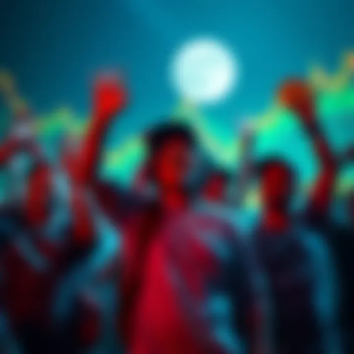 A group of Bitcoin enthusiasts, known as 'Moon Boys', joyfully celebrating their investment predictions with a backdrop of Bitcoin graphics and charts.