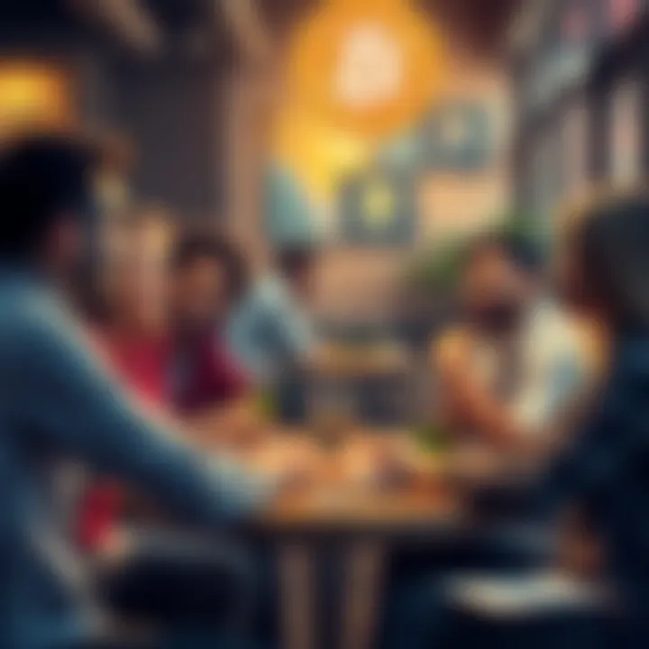 A group of diverse people discussing Bitcoin at a café, showcasing their passion and engagement with cryptocurrency.