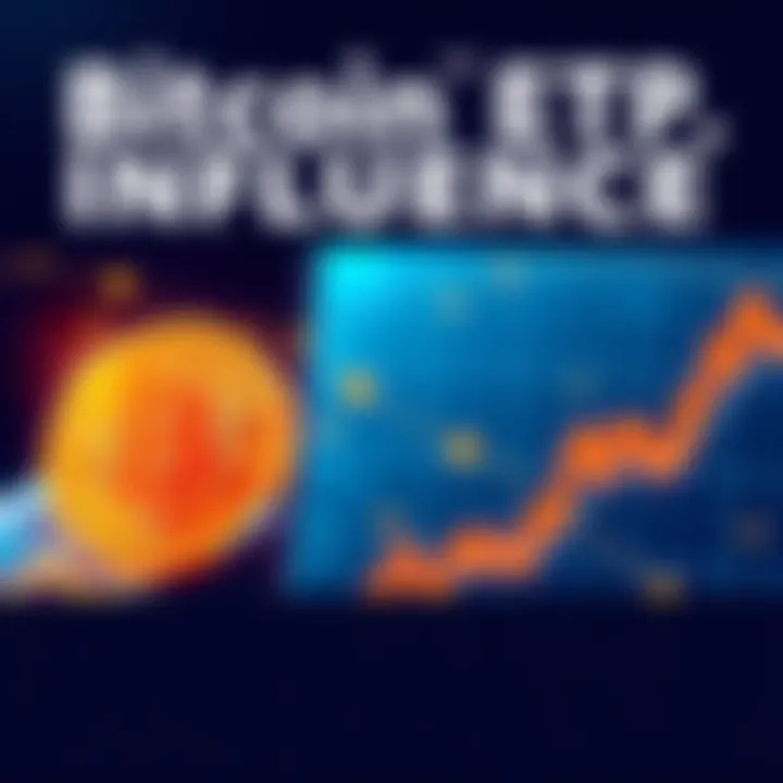 Bitcoin ETF Influence Illustration showing the connection between Bitcoin ETF share sales and Bitcoin price fluctuations, with a graph indicating market movement.