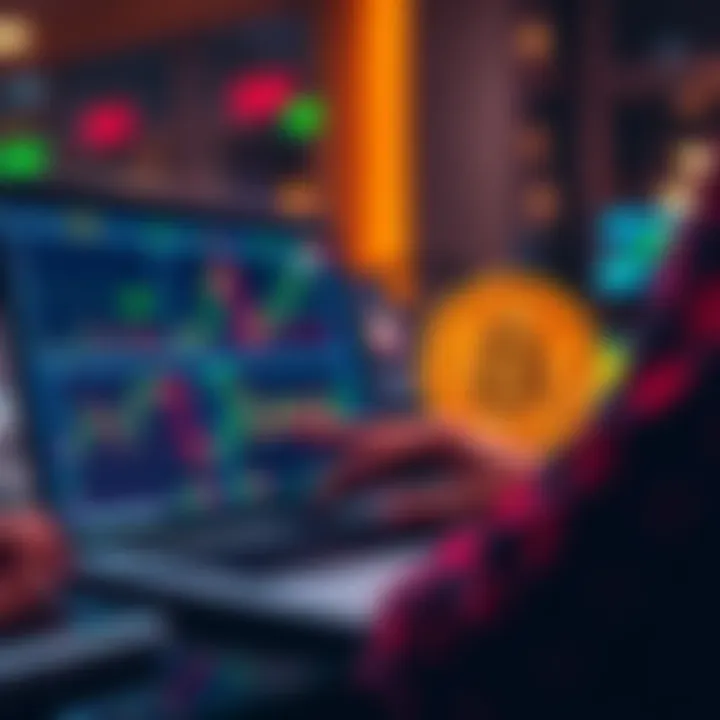 A person analyzing Bitcoin charts on a laptop, with graphs showing growth and a Bitcoin symbol in the foreground.