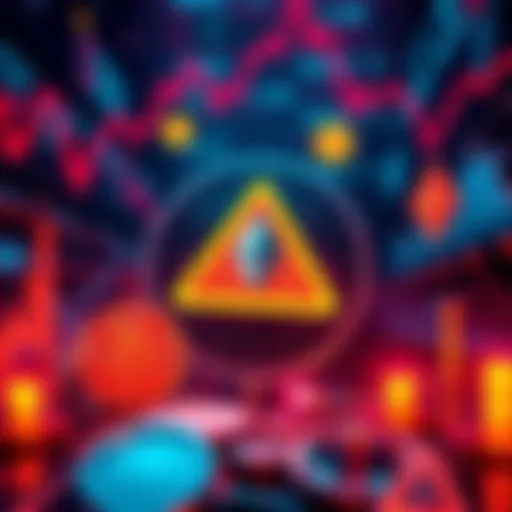 A graphic illustrating caution for Bitcoin and Ethereum investors with symbols representing finance and market trends