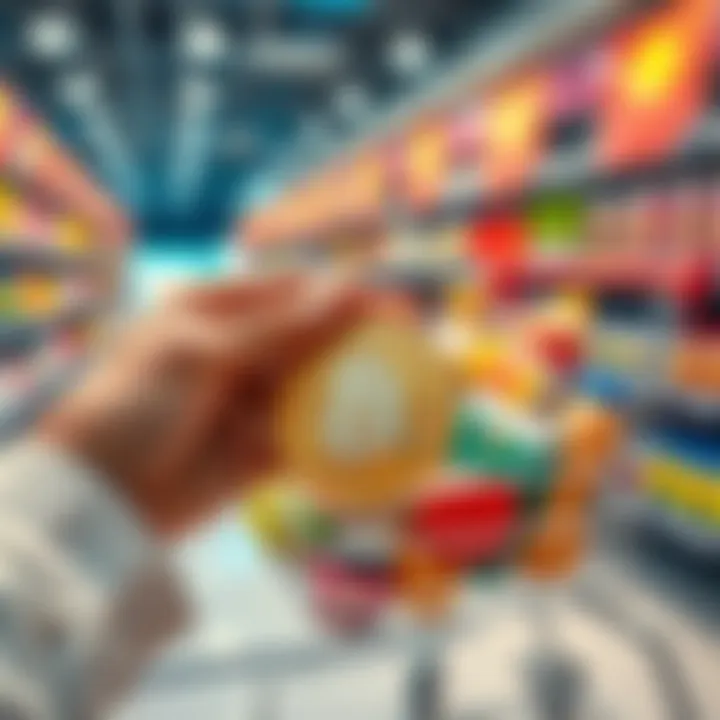 A person holding a Bitcoin coin in front of a shopping cart filled with everyday items, questioning its use in regular purchases.