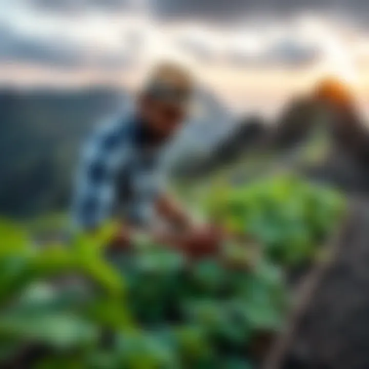 A farmer in Madeira tending to herbs and plants near Bitcoin mining equipment on a mountainside