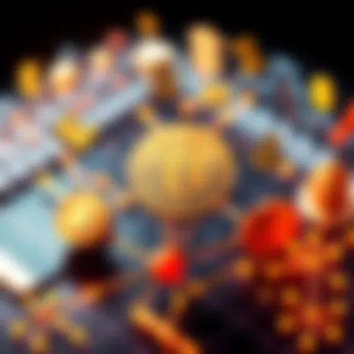 A graphical representation of Bitcoin symbols connected to various financial icons, showing its role in modern finance.